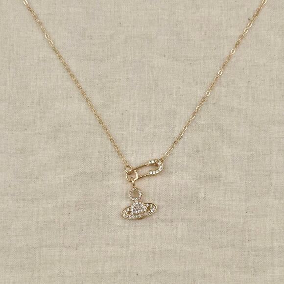 Y2K 2000s Rose Gold Iced Out Planet Necklace Unisex Vintage Chain New - Picture 2 of 10